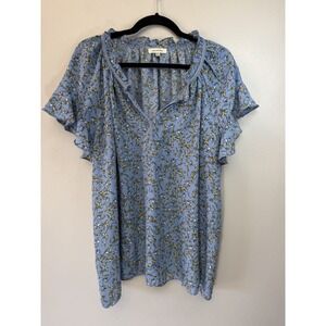 Max Studio Plus Size Shor‎ Sleeved Dusty Blue Floral Blouse W Ruffle Size 1X